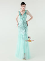 Mermaid Sequins Tulle V-neck Beading Prom Dress