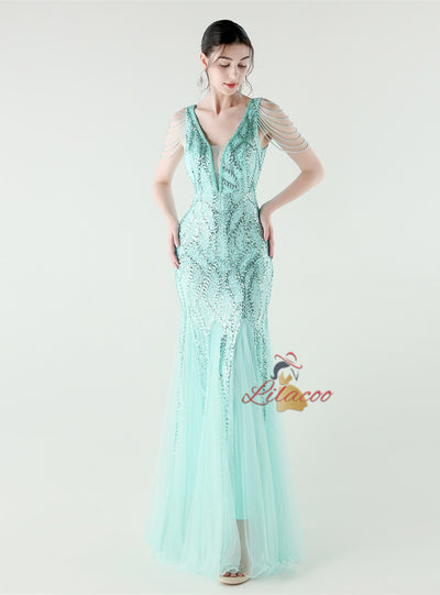 Mermaid Sequins Tulle V-neck Beading Prom Dress
