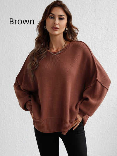 Round Neck Knitted Loose Split Pullover Sweater