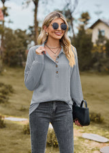 Solid Color Lapel Button Loose Long Sleeve Top