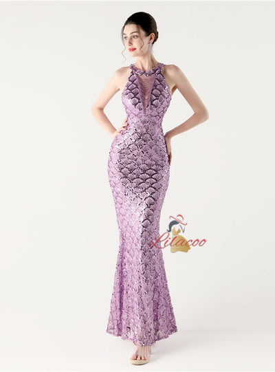 Mermaid Sequins Halter Beading Prom Dress