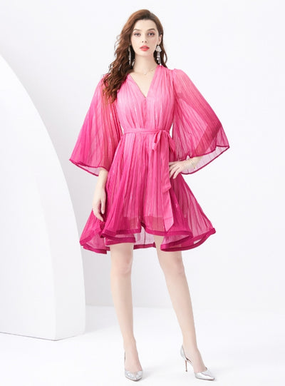 Holiday V-neck Trumpet Sleeve Pleated Gradient Dress