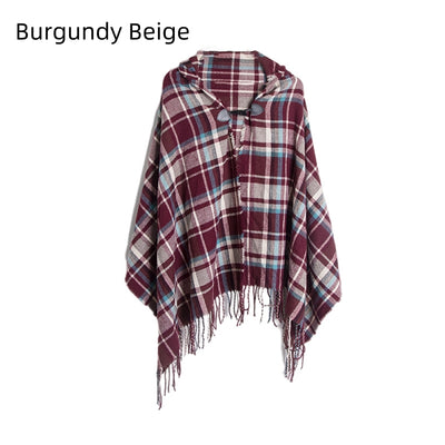 Checked Horn Buckle Hooded Shawl Cloak
