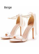 Ribbon Satin Beaded High-heeled Sandals