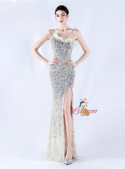 One Shoulder Mermaid Sequins Feather Split Prom Dress