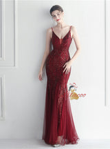 Spaghetti Straps Tulle Sequins Prom Dress