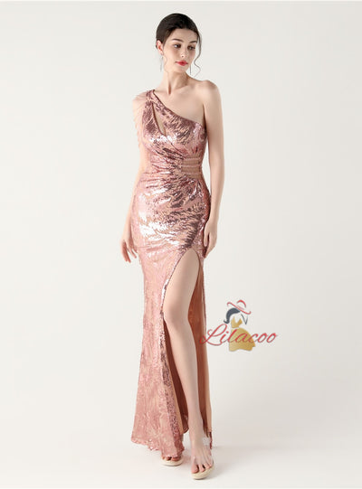 One Shoulder Mermaid Sequins Beading Prom Dress