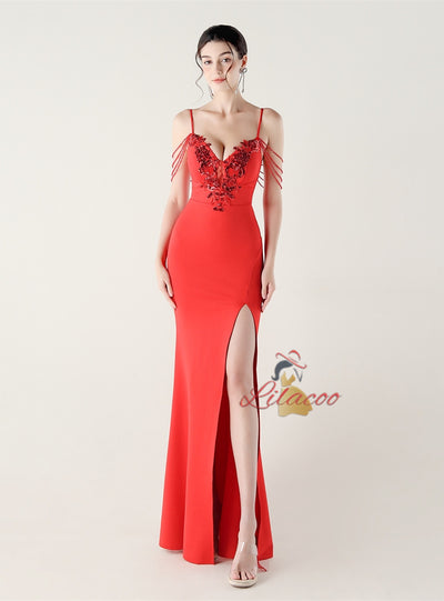 White Mermaid Spaghetti Straps Appliques Beading Prom Dress