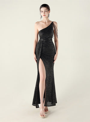 One Shoulder Mermaid Split Sequins Prom Dress