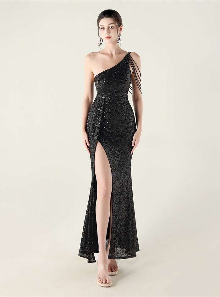 One Shoulder Mermaid Split Sequins Prom Dress