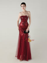 Sequins Tulle Strapless Beading Prom Dress
