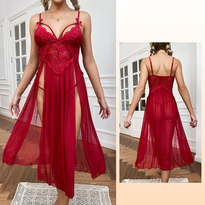 Sexy Gauze Deep V Lace Slit Suspender Pajamas