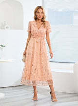 Mesh Sequins Slim V-neck Long Dress