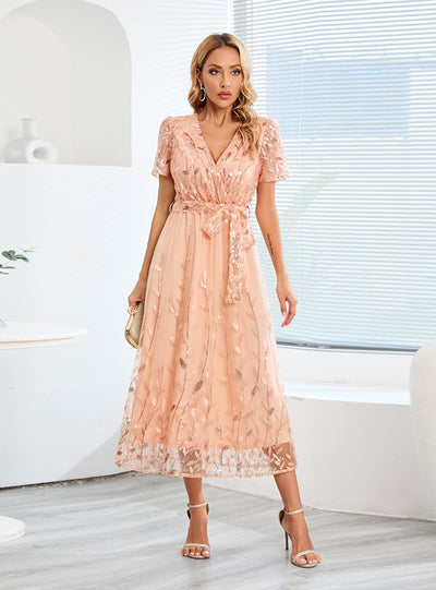 Mesh Sequins Slim V-neck Long Dress