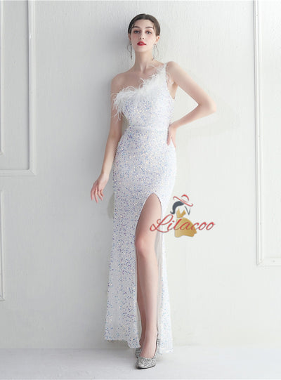 One Shoulder Mermaid Sequins Split Prom Dress