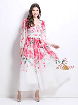 Flower Oil Painting Lace Stitching V-neck Dress