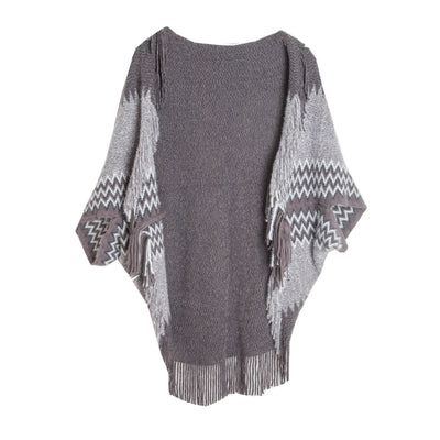 Ladies Knitted Bat Sleeve Fringed Shawl