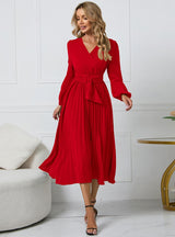 Long Sleeve Slim Pleated Belt V-neck Dress