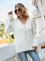 Button Wood Ear V-neck Sweater