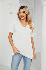 Solid Color Short Sleeve Button V-neck T-shirt