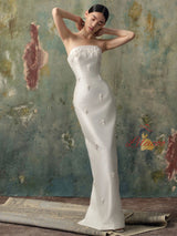 White Satin Tulle Strapless Beading Wedding Dress