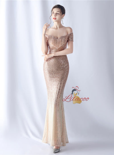 Mermaid Sequins Off the Shoulder Beading Prom Dress