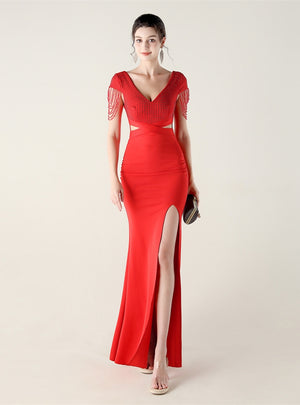 Mermaid V-neck Beading Split Prom Dress