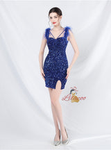 Short Sequins Straps Feather Prom Dress