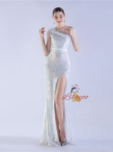 Mermaid Sequins One Shoulder Beading Prom Dress