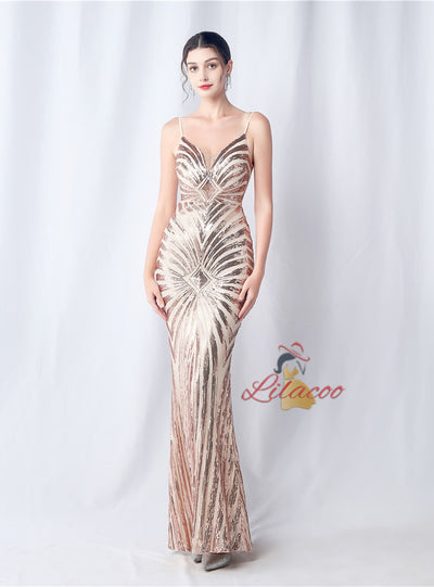 Spaghetti Straps Mermaid Sequins Prom Dress