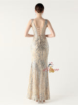 V-neck Mermaid Sequins Feather Prom Dress