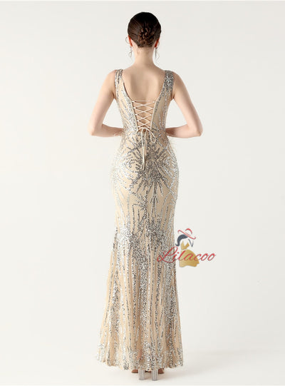 V-neck Mermaid Sequins Feather Prom Dress