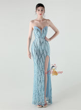 Mermaid Sequins Strapless Split Beading Prom Dress