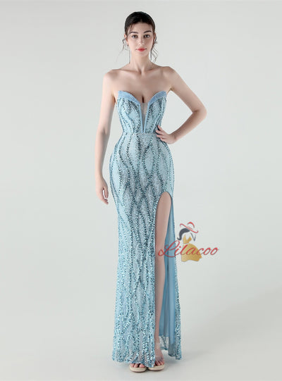 Mermaid Sequins Strapless Split Beading Prom Dress