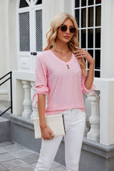 Button V-neck Solid Color Loose T-shirt