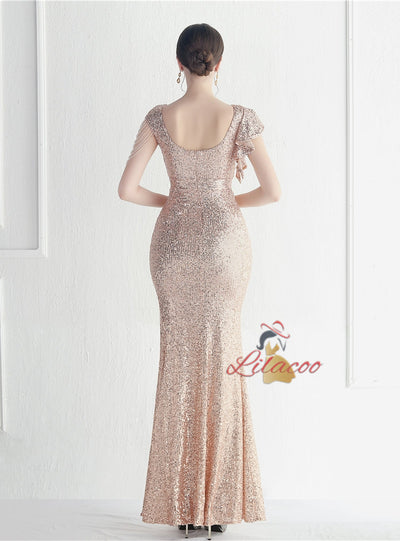 Sequins Cap Sleeve Beadin Split Prom Dress