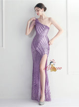 One Shoulder Sequins Beading Split Prom Dress
