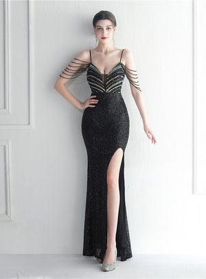 Spaghetti Straps Sequins Beading Prom Dress