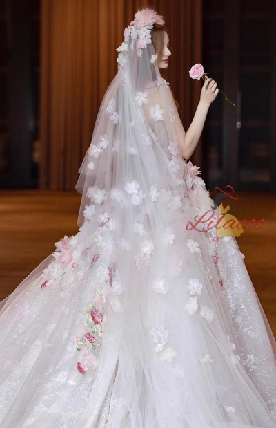 White Tulle Strapless 3D Flower Wedding Dress