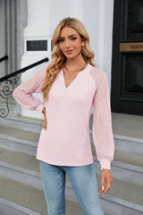 Waffle Lace Stitching Long Sleeve V-neck T-shirt