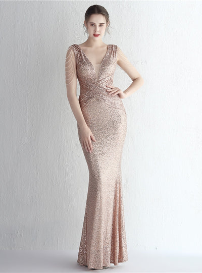 V-neck Mermaid Sequins V-neck Beading Prom Dress
