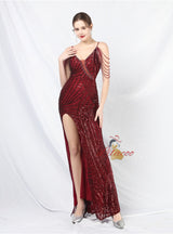 Spaghetti Straps Sequins Split Prom Dress