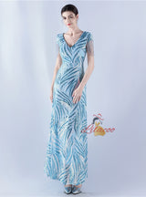 V-neck Sequins Cap Sleeve Beading Sequins Prom Dress