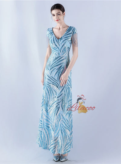 V-neck Sequins Cap Sleeve Beading Sequins Prom Dress