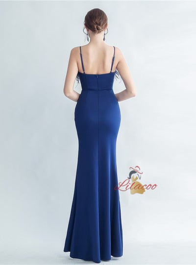 Spaghetti Straps Split Feather Prom Dress