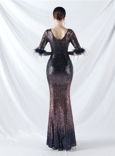 V-neck Short Sleeve Sequins Mermaid Prom Dress