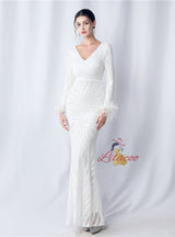 Long Sleeve V-neck Mermaid Sequins Prom Dress