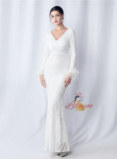 Long Sleeve V-neck Mermaid Sequins Prom Dress