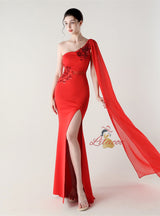 Mermaid One Shoulder Appliques Split Prom Dress