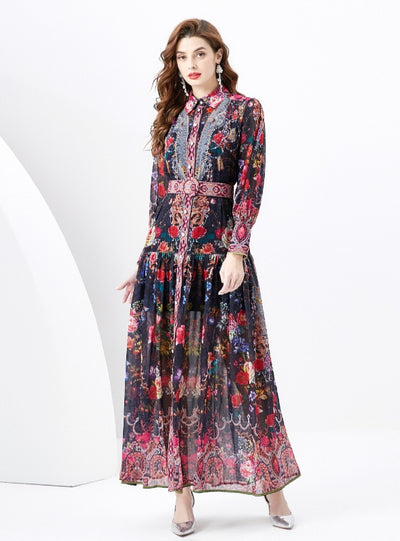 Palace Lapel Lantern Sleeve Long Retro Print Dress